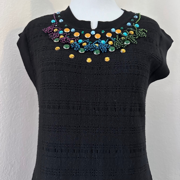 Nanette Lepore Wool Mini Black Dress Sparkle Rhinestone Short Sleeve Medium - Picture 2 of 12